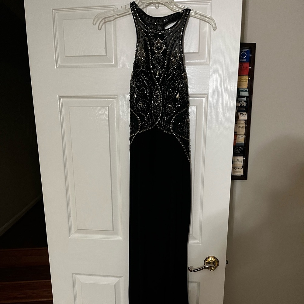 Black Beaded Prom Gown with Sheer Embellished Bodice